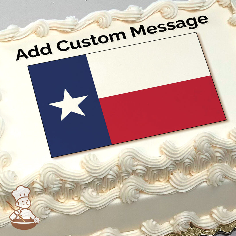 Texas flag with a blue vertical stripe, white star, and horizontal white and red stripes, printed on a photo sheet cake.
