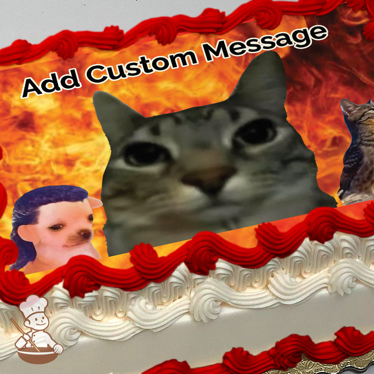 A close-up of a tabby cat's face is centered, with a fiery background. A second cat and a partially obscured figure are on the sides. Printed on a sheet cake.