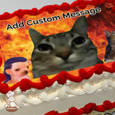 A close-up of a tabby cat's face is centered, with a fiery background. A second cat and a partially obscured figure are on the sides. Printed on a sheet cake.