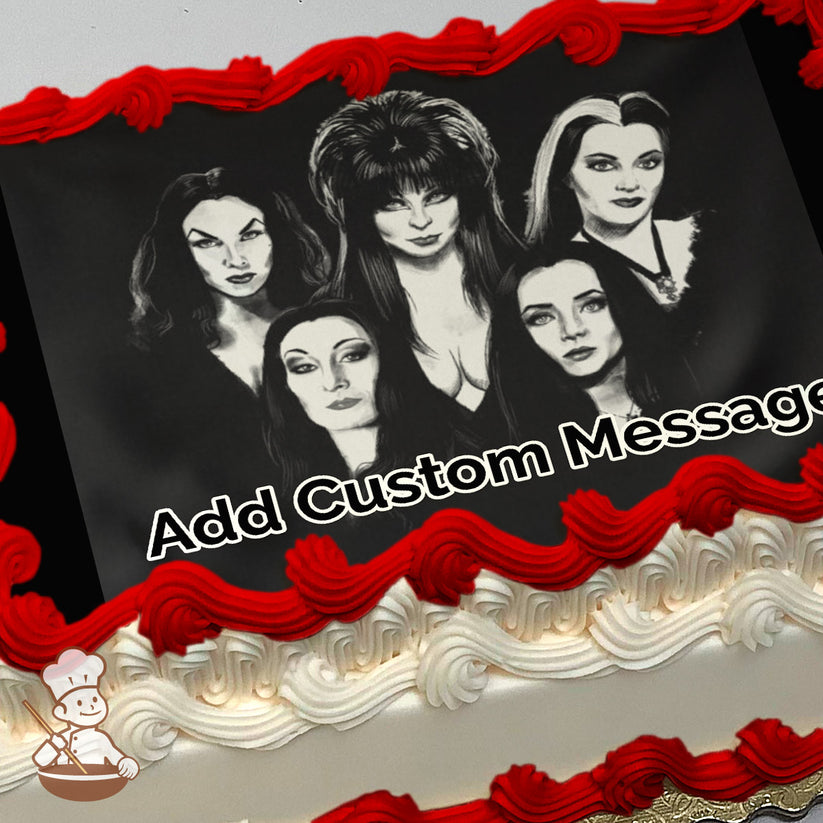 A black-and-white illustration of four individuals with long hair, wearing dark clothing, on a solid black background. Printed on a photo sheet cake.