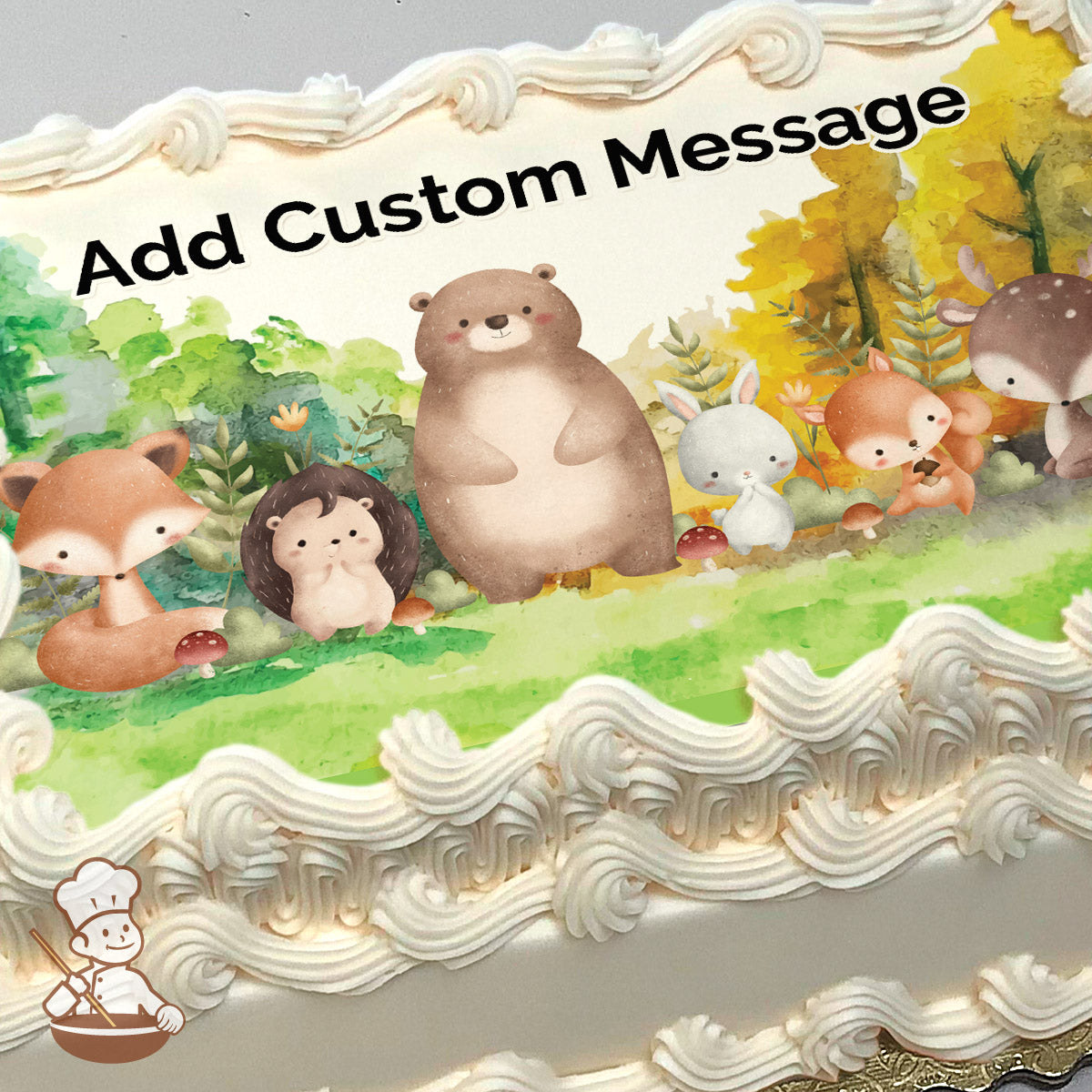 Cartoon animals, including a fox, hedgehog, bear, rabbit, and deer, sit on grass with mushrooms in a forest background of green and yellow trees, printed on a sheet cake.