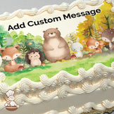 Cartoon animals, including a fox, hedgehog, bear, rabbit, and deer, sit on grass with mushrooms in a forest background of green and yellow trees, printed on a sheet cake.