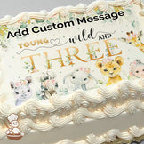 Illustration of a lion cub, elephant, zebra, rhino, and giraffe wearing flower crowns, surrounded by greenery, printed on a photo sheet cake.