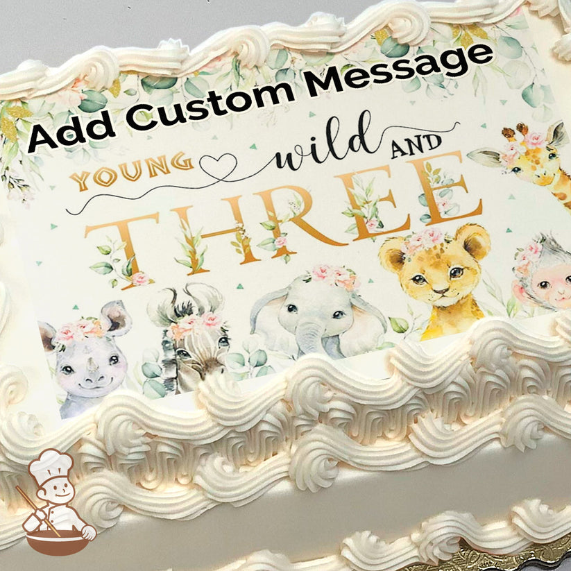 Illustration of a lion cub, elephant, zebra, rhino, and giraffe wearing flower crowns, surrounded by greenery, printed on a photo sheet cake.