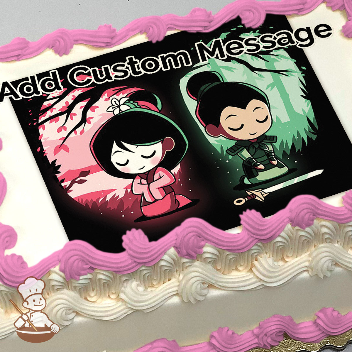 Cartoon illustration of a character in pink traditional attire on the left and in green armor with a sword on the right. Backgrounds are pink and green forests. Printed on a sheet cake.