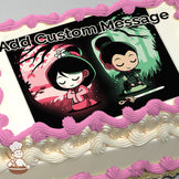 Cartoon illustration of a character in pink traditional attire on the left and in green armor with a sword on the right. Backgrounds are pink and green forests. Printed on a sheet cake.