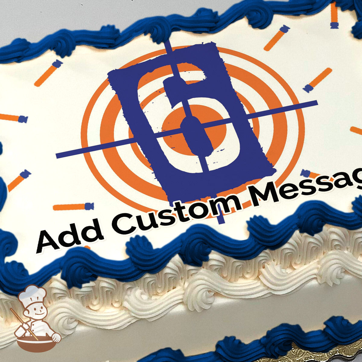 A printed image of a blue number six over an orange and white target design with blue and orange accents, on a photo sheet cake.