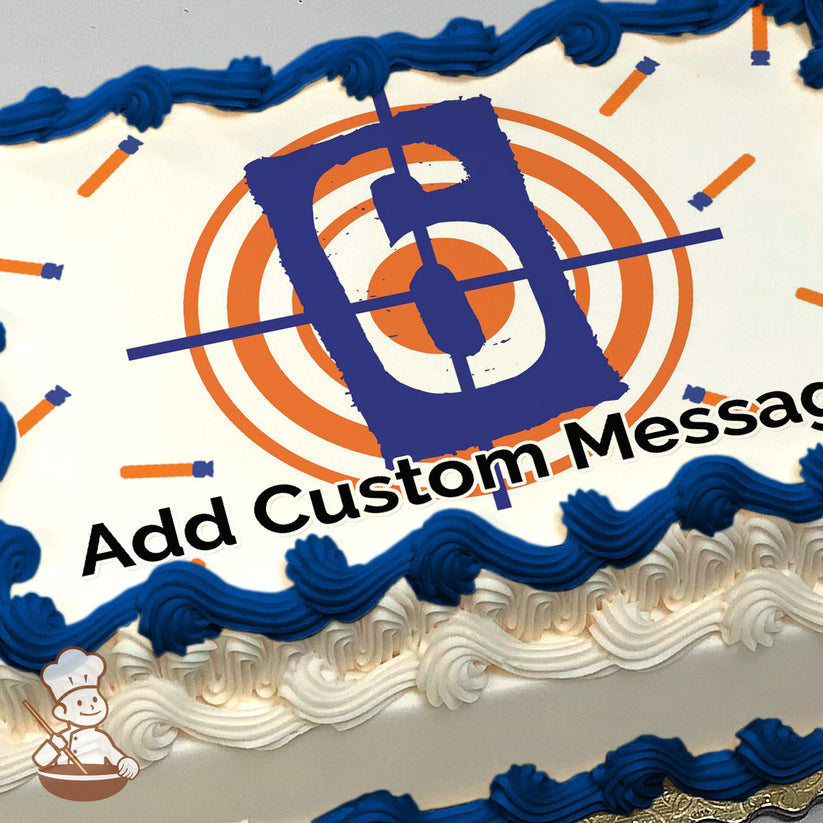 A printed image of a blue number six over an orange and white target design with blue and orange accents, on a photo sheet cake.