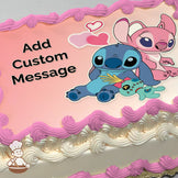 Cartoon illustration of Stitch holding a doll, sitting beside Angel with hearts above them on a pink gradient background, printed on a sheet cake.