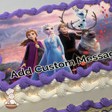 Elsa, Anna, Kristoff, Olaf, and Sven from "Frozen" stand together in a fall forest with mountains in the background. Image printed on a sheet cake.