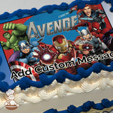 Illustration of Marvel's Avengers featuring Hulk, Captain America, Iron Man, Thor, Black Widow, and Spider-Man on a blue and red background, printed on a photo sheet cake.