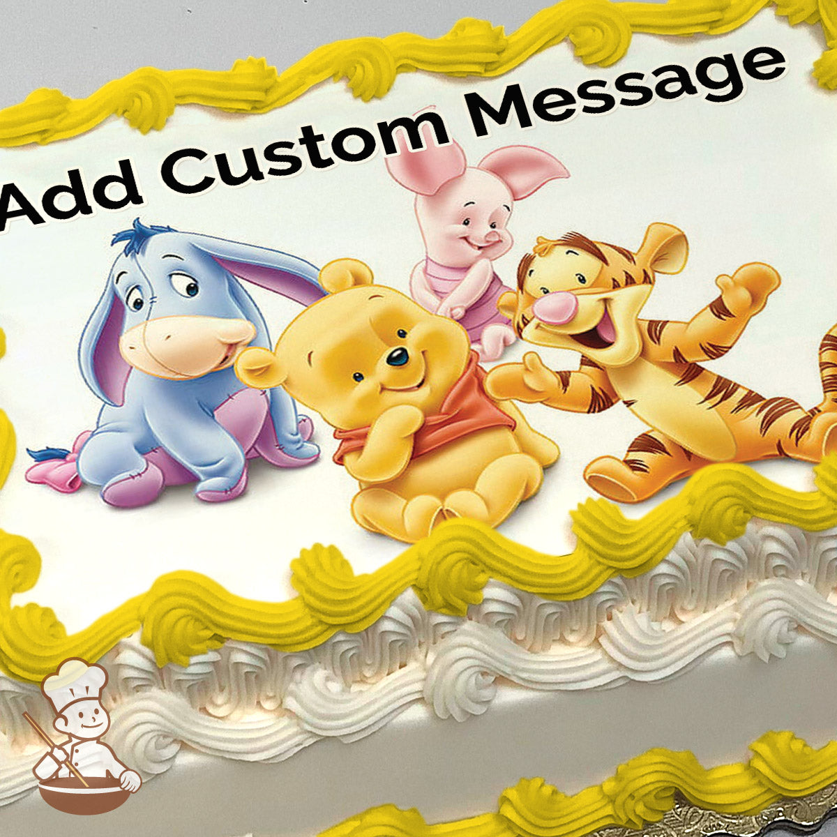 Cartoon illustration of Winnie the Pooh, Tigger, Piglet, and Eeyore sitting and smiling on a white background, printed on a photo sheet cake.