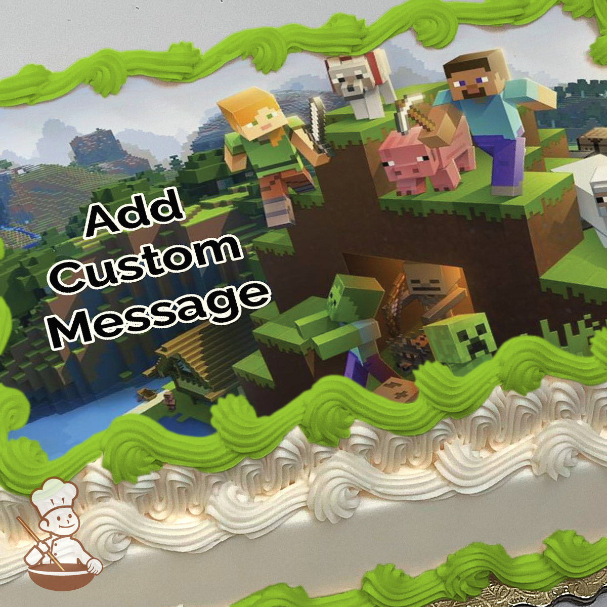 Minecraft characters Steve and Alex stand on a grassy hill with a pig and a wolf. Below, zombies and a creeper emerge from a cave. The background shows a pixelated landscape with mountains and water. Printed on a sheet cake.