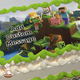 Minecraft characters Steve and Alex stand on a grassy hill with a pig and a wolf. Below, zombies and a creeper emerge from a cave. The background shows a pixelated landscape with mountains and water. Printed on a sheet cake.