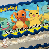 Cartoon image of Pikachu, Charmander, Bulbasaur, and Squirtle smiling and standing on grass with a blue sky background, printed on a sheet cake.