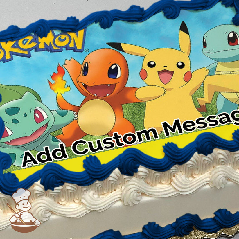 Cartoon image of Pikachu, Charmander, Bulbasaur, and Squirtle smiling and standing on grass with a blue sky background, printed on a sheet cake.
