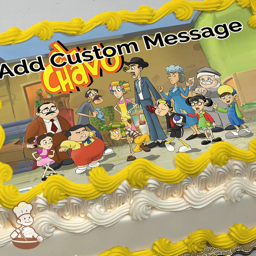 Cartoon characters from "El Chavo" stand together in a courtyard with a building in the background. The image is printed on a photo sheet cake.