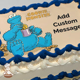 Cartoon of Cookie Monster holding a cookie and a purple mug, surrounded by cookies on a beige background, printed on a photo sheet cake.