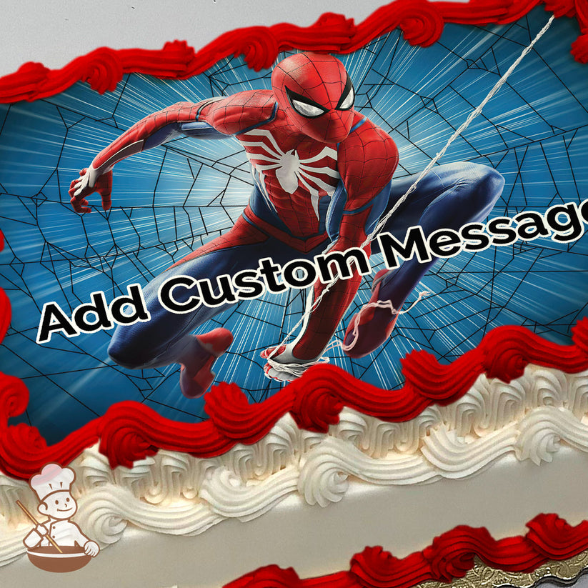 Spider-Man crouching in an action pose, wearing his iconic red and blue suit with a white spider emblem. The background is a blue web pattern. Printed on a sheet cake.