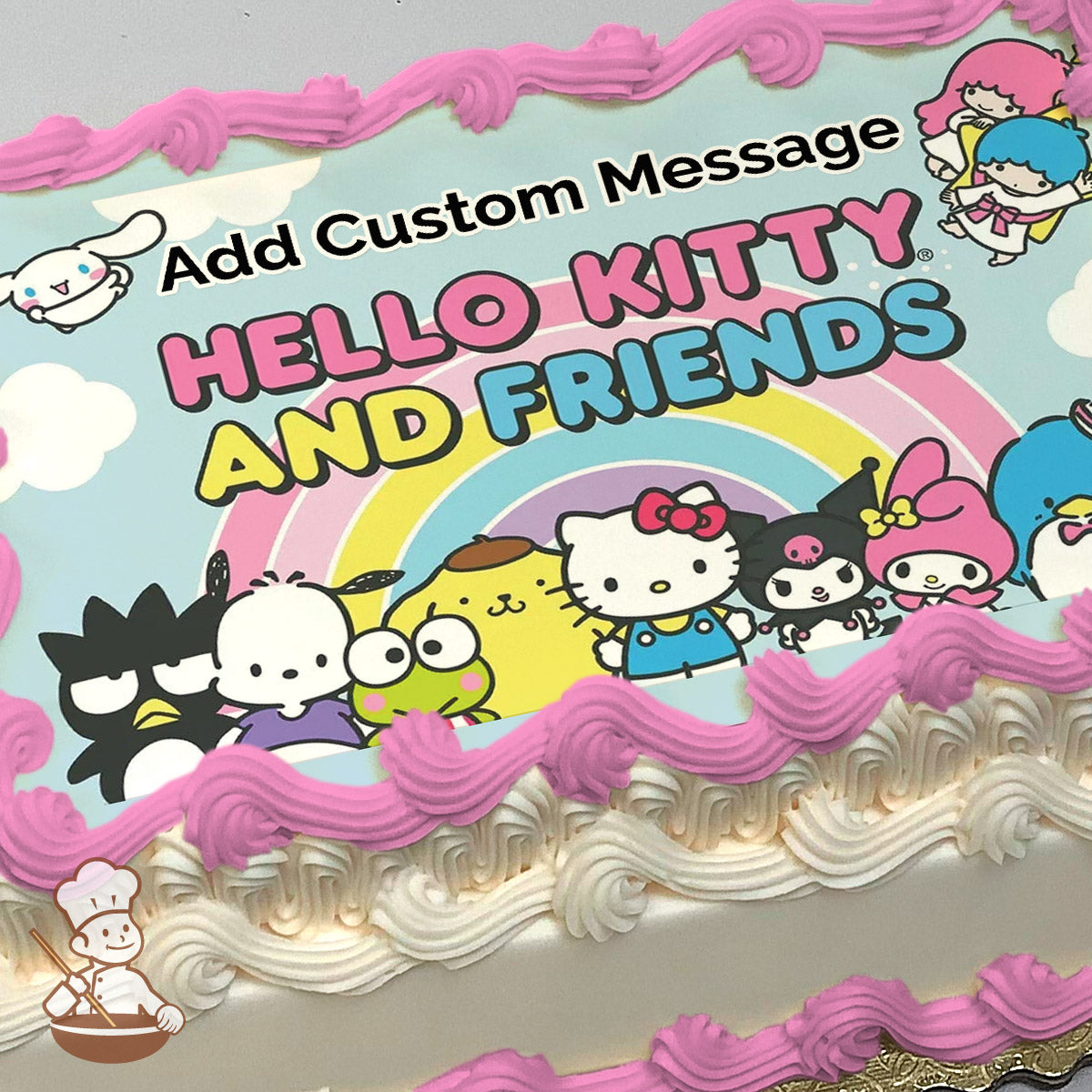 Hello Kitty and friends illustration with a rainbow background, featuring Hello Kitty, Keroppi, Badtz-Maru, and others. Printed on a sheet cake.