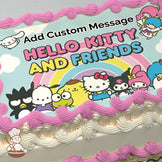 Hello Kitty and friends illustration with a rainbow background, featuring Hello Kitty, Keroppi, Badtz-Maru, and others. Printed on a sheet cake.