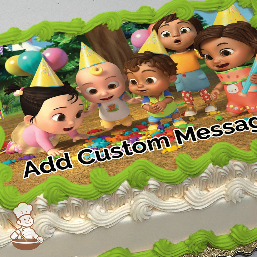 Cartoon children wearing party hats pick up colorful candy pieces outdoors. The background features balloons, trees, and a sunny sky. Printed on a sheet cake.