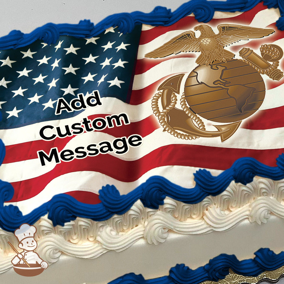 An illustration of the U.S. flag with a gold Marine Corps emblem featuring an eagle, globe, and anchor. Printed on a photo sheet cake.
