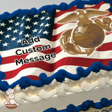 An illustration of the U.S. flag with a gold Marine Corps emblem featuring an eagle, globe, and anchor. Printed on a photo sheet cake.