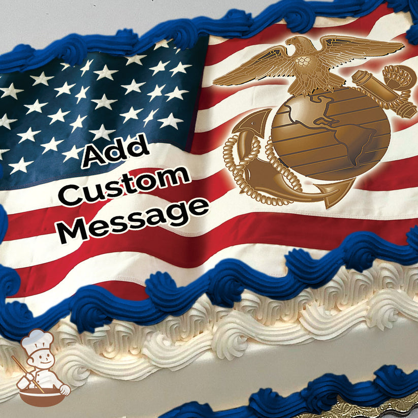 An illustration of the U.S. flag with a gold Marine Corps emblem featuring an eagle, globe, and anchor. Printed on a photo sheet cake.