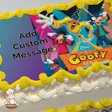 Illustration of Goofy, Max, and Powerline from "A Goofy Movie" with vibrant colors and a stage-like background, printed on a photo sheet cake.