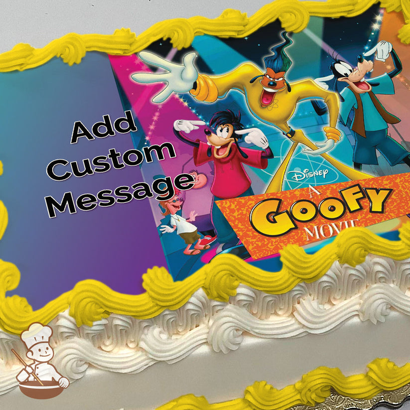 Illustration of Goofy, Max, and Powerline from "A Goofy Movie" with vibrant colors and a stage-like background, printed on a photo sheet cake.