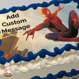 Spider-Man swings through a cityscape at sunset, with skyscrapers in the background. Image printed on a sheet cake.