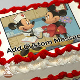 Minnie Mouse dressed as a nurse holds a stethoscope to a heart-shaped token held by Mickey Mouse, with a clinic background. Printed on a sheet cake.
