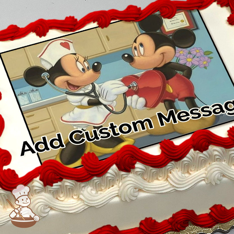 Minnie Mouse dressed as a nurse holds a stethoscope to a heart-shaped token held by Mickey Mouse, with a clinic background. Printed on a sheet cake.