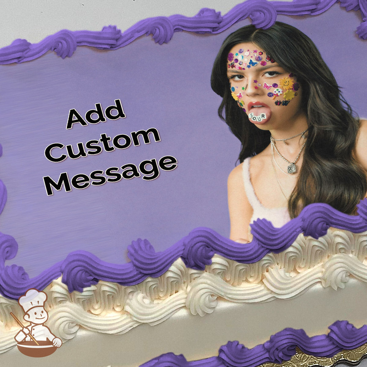A portrait of a woman with long dark hair, colorful stickers on her face, and a candy with "SOUR" in her mouth. The background is solid purple. Printed on a sheet cake.
