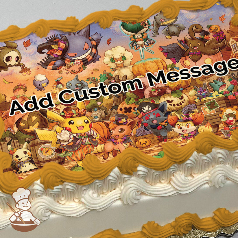 Cartoon illustration of Pikachu dressed in a festive outfit with other Pokémon friends surrounded by pumpkins and autumn decorations. Printed on a sheet cake.