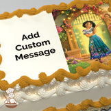 A cartoon character with curly hair and a colorful dress stands in front of a glowing, flower-adorned doorway. The image is printed on a photo sheet cake.