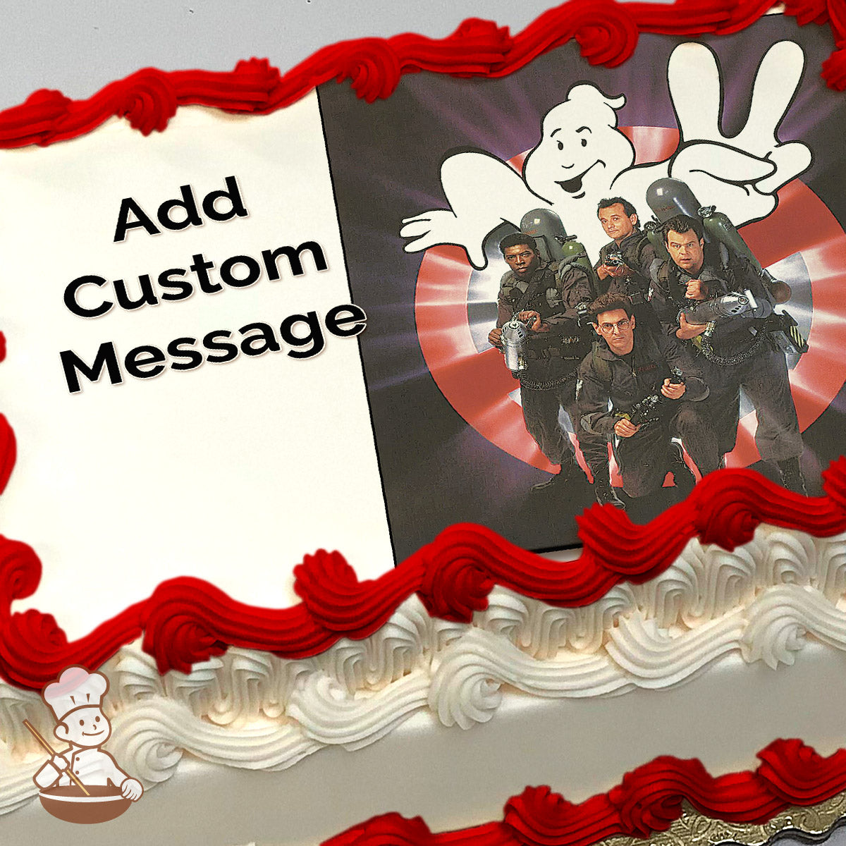 Four Ghostbusters in gray uniforms holding equipment, standing in front of a glowing ghost logo on a black background. Printed on a photo sheet cake.