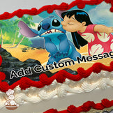 Cartoon image of Lilo kissing Stitch on the cheek. Stitch looks surprised. Background shows a tropical beach with palm trees and rocks. Printed on a sheet cake.