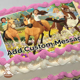 Illustration of three girls riding horses in a colorful meadow with flowers and a house in the background, printed on a sheet cake.
