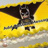Lego Batman in a black suit with a yellow utility belt and glowing eyes, standing against a bright yellow gradient background. Printed on a sheet cake.