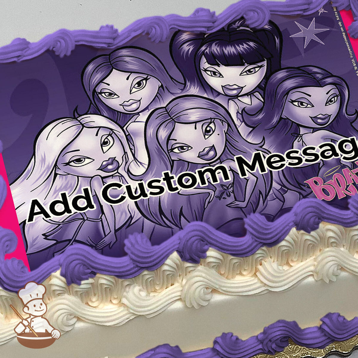 Cartoon illustration of five Bratz characters with bold features and stylish hair, set against a purple background with star accents, printed on a sheet cake.
