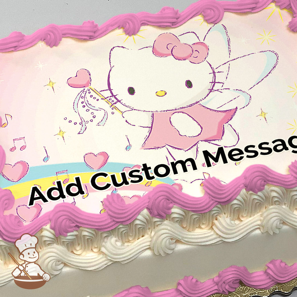 Cartoon cat with wings and a pink dress holds a heart wand. Background features musical notes and hearts on a pastel gradient. Printed on a sheet cake.