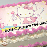 Cartoon cat with wings and a pink dress holds a heart wand. Background features musical notes and hearts on a pastel gradient. Printed on a sheet cake.