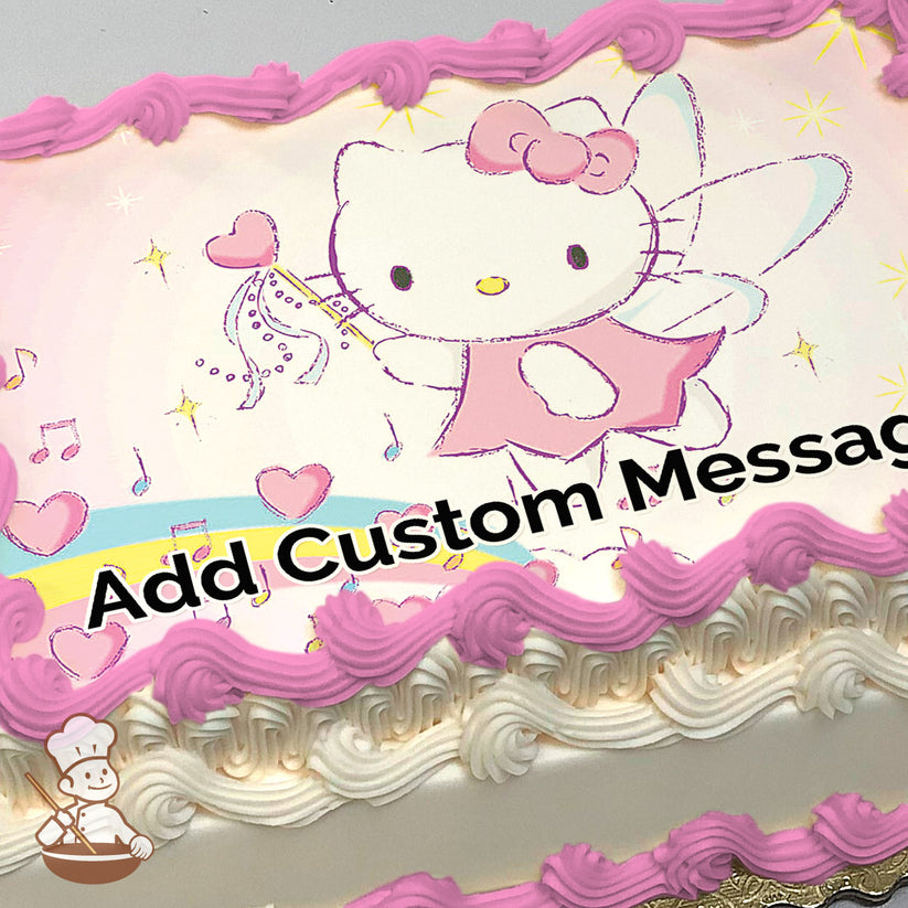 Cartoon cat with wings and a pink dress holds a heart wand. Background features musical notes and hearts on a pastel gradient. Printed on a sheet cake.