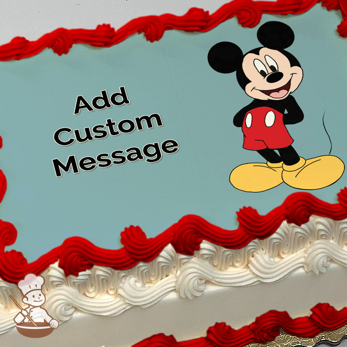 Cartoon image of Mickey Mouse smiling and standing with one hand on his hip, wearing red shorts and yellow shoes. Light blue background. Printed on a sheet cake.