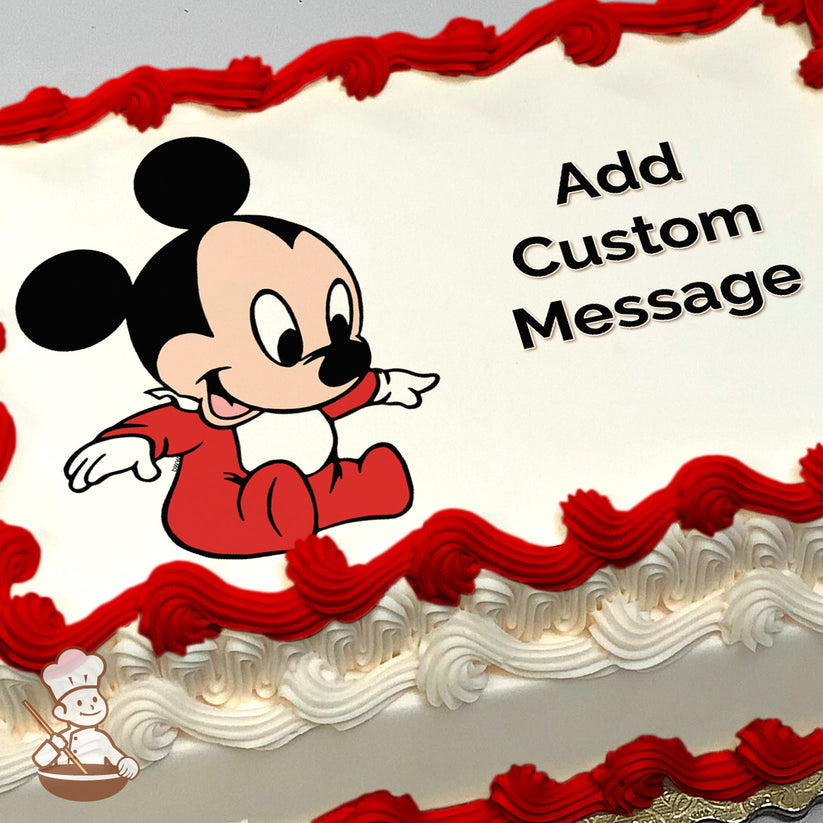 Cartoon of a smiling character in a red outfit sitting with arms outstretched on a white background. Image printed on a photo sheet cake.