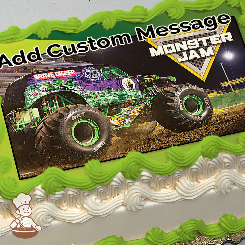 Monster truck "Grave Digger" in action at night on a dirt track, with stadium lights in the background. Image printed on a sheet cake.