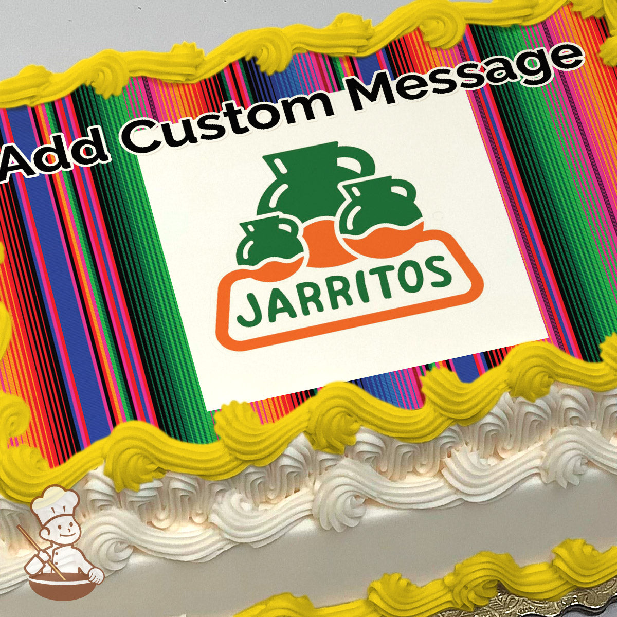 The image printed on the sheet cake features the Jarritos logo with green and orange jugs. The background is a colorful striped pattern. Printed on a sheet cake.