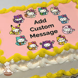 Cartoon Hello Kitty characters dressed as Pokémon on a pink background, each holding Poké Balls. Image printed on a photo sheet cake.